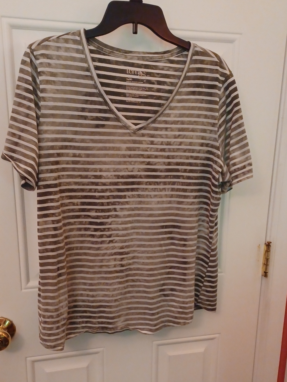 Terra & Sky Taupe and White Striped V-Neck Short Sleeve Top